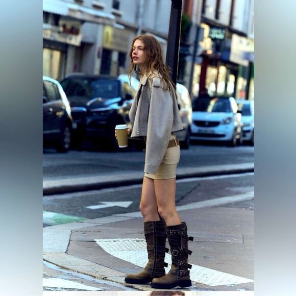 Zara Small S Felt Textured Crop Biker Jacket tan beige Women’s NWT - Picture 6 of 9